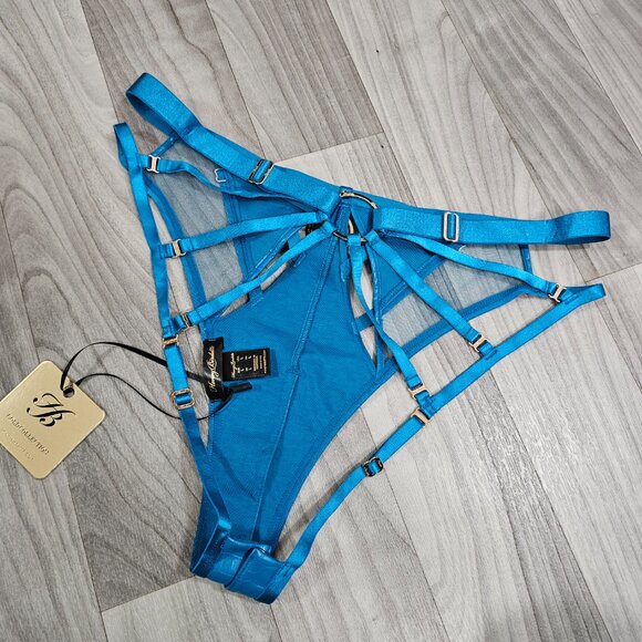 Honey Birdette Mistress T Peacock Blue Faux Leather Ouvert Brief Panty Size L - Picture 2 of 8
